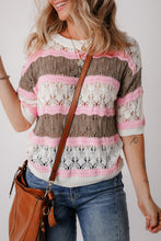 Load image into Gallery viewer, Brown Stripe Color Block Hollow Out Crochet Half Sleeve Sweater
