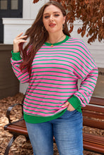 Load image into Gallery viewer, Pink Stripe Waffle Knit Crew Neck Plus Size Sweatshirt
