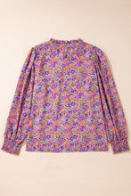 Load image into Gallery viewer, Purple Floral Allover Print Shirred Cuff Frilled O Neck Blouse
