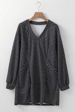 Load image into Gallery viewer, Black Striped V Neck Long Puff Sleeve Shift Dress
