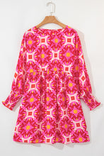 Load image into Gallery viewer, Strawberry Pink Geometric Print Smocked Long Sleeve Mini Dress
