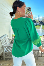 Load image into Gallery viewer, Green Contrast Floral Embroidered 3/4 Sleeve Notched V Neck Elegant Blouse
