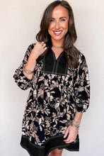 Load image into Gallery viewer, Black 3/4 Sleeve Botanical Print Split Neck Loose Mini Dress
