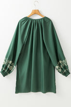 Load image into Gallery viewer, Mist Green Tie Neck Boho Floral Pattern Puff Sleeve Shift Dress
