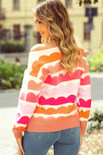 Load image into Gallery viewer, Rose Red Wave Striped Balloon Sleeve Drop Shoulder Sweater

