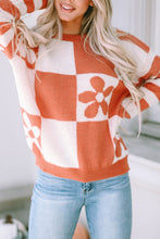 Load image into Gallery viewer, Brown Checkered Floral Print Striped Sleeve Sweater
