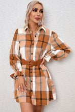 Load image into Gallery viewer, Khaki Plaid Pattern Collared Neck Ruffled Sleeve Shirt Dress
