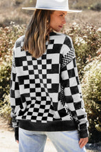 Load image into Gallery viewer, Black Checkered Print Drop Shoulder Round Neck Sweater
