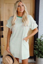 Load image into Gallery viewer, Green Stripe Ruffled Short Sleeve Crew Neck T Shirt Shift Mini Dress
