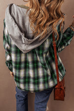 Load image into Gallery viewer, Green Plaid Print Chest Pocket Buttoned Hooded Shacket
