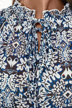 Load image into Gallery viewer, Blue Tribal Print Lace-up Frilled Neck Puff Sleeve Blouse

