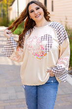 Load image into Gallery viewer, Beige Plaid Floral Peace Heart Graphic Wide Long Sleeve Top
