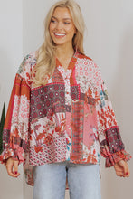 Load image into Gallery viewer, Red Boho Geometric Mixed Print Patchwork Bubble Sleeve Shirt
