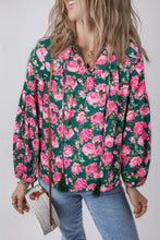 Load image into Gallery viewer, Green Floral Printed Tied Collar Puff Sleeve Blouse
