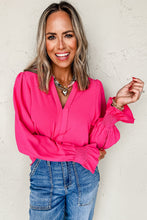 Load image into Gallery viewer, Rose Red Solid Color Shirred Cuff Notch V Neck Blouse
