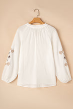 Load image into Gallery viewer, White Embroidered Textured Buttoned Crew Neck Shirt
