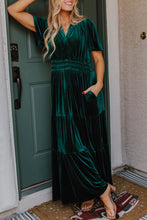 Load image into Gallery viewer, Evergreen Velvet Short Sleeve Shirred Waist Tiered Maxi Dress
