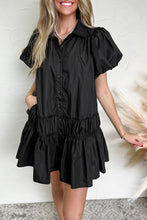 Load image into Gallery viewer, Black Shirt Style Button Down Puff Sleeve Ruffle Hem Dress
