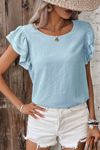 Load image into Gallery viewer, Mist Blue Solid Color Ruffled Short Sleeve Casual Blouse
