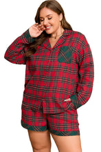 Load image into Gallery viewer, Red Plus Size Plaid Contrast Patchwork Long Sleeve Shirt and Shorts 2pcs Pajama Set
