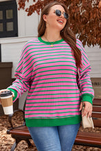 Load image into Gallery viewer, Pink Stripe Waffle Knit Crew Neck Plus Size Sweatshirt
