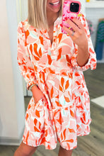 Load image into Gallery viewer, Orange Abstract Print Split Neck Long Sleeve Dress
