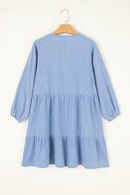 Load image into Gallery viewer, Beau Blue Puff Sleeve V Neck Tiered Ruffled Chambray Mini Dress
