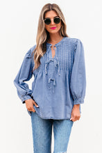 Load image into Gallery viewer, Myosotis Denim Front Pintuck Bow Tie Puff Sleeve Top

