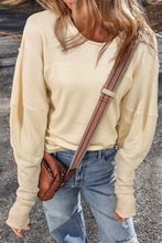 Load image into Gallery viewer, Beige Thermal Knit Patchwork Exposed Seam Long Sleeve Top
