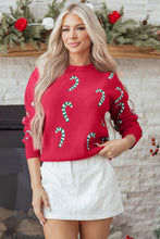 Load image into Gallery viewer, Racing Red Christmas Candy Cane Holiday Drop Shoulder Sweater
