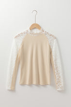 Load image into Gallery viewer, Beige Floral Lace Patchwork Long Sleeve High Neck Slim Top
