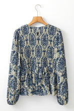 Load image into Gallery viewer, Sky Blue Boho Printed Balloon Sleeve Smocked Peplum Blouse
