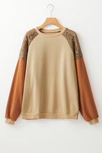 Load image into Gallery viewer, Khaki Lace Patchwork Colorblock Drop Shoulder Sweatshirt
