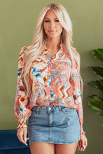 Load image into Gallery viewer, Orange Floral Print Shirred Cuff Buttoned Loose Shirt
