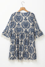 Load image into Gallery viewer, Sky Blue Vintage Printed Lace Trim V Neck 3/4 Sleeve Loose Dress
