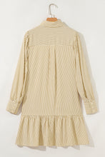 Load image into Gallery viewer, Brown Stripe Collared Neck Cuffed Long Sleeve Drop Waist Mini Dress

