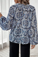 Load image into Gallery viewer, Blue Tribal Print Lace-up Frilled Neck Puff Sleeve Blouse
