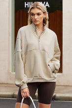 Load image into Gallery viewer, Apricot Half Zip Stand Collar Exposed Seam Solid Color Casual Sweatshirt
