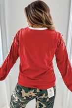 Load image into Gallery viewer, Fiery Red Varsity Striped Accent Contrast Crew Neck Long Sleeve T Shirt
