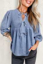 Load image into Gallery viewer, Myosotis Denim Front Pintuck Bow Tie Puff Sleeve Top
