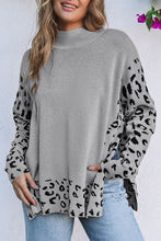Load image into Gallery viewer, Gray Leopard High Neck Side Slit Oversized Sweater
