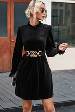Load image into Gallery viewer, Black Velvet Frill Neck Long Sleeve Shift Dress

