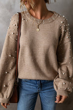 Load image into Gallery viewer, Smoke Gray Pearled Drop Shoulder Round Neck Sweater
