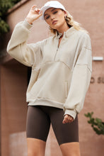 Load image into Gallery viewer, Apricot Half Zip Stand Collar Exposed Seam Solid Color Casual Sweatshirt
