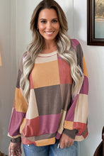 Load image into Gallery viewer, Rose Red Checkered Print Textured Knit Long Sleeve Loose Top
