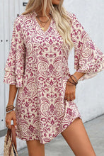 Load image into Gallery viewer, Pink Paisley Print Tiered 3/4 Sleeve Notched Neck Mini Dress
