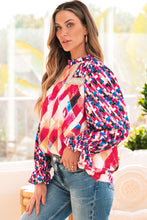 Load image into Gallery viewer, Rose Red Abstract Geometric Pattern Patchwork Puff Sleeve Blouse
