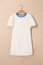 Load image into Gallery viewer, Beige Stripe Seersucker Contrast Round Neck Puff Sleeve T Shirt Dress

