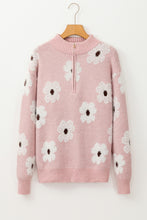 Load image into Gallery viewer, Pink Floral Pattern Half Zip Drop Shoulder Sweater
