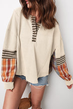 Load image into Gallery viewer, Beige Waffle Stripe Plaid Patchwork Henley Knit Top
